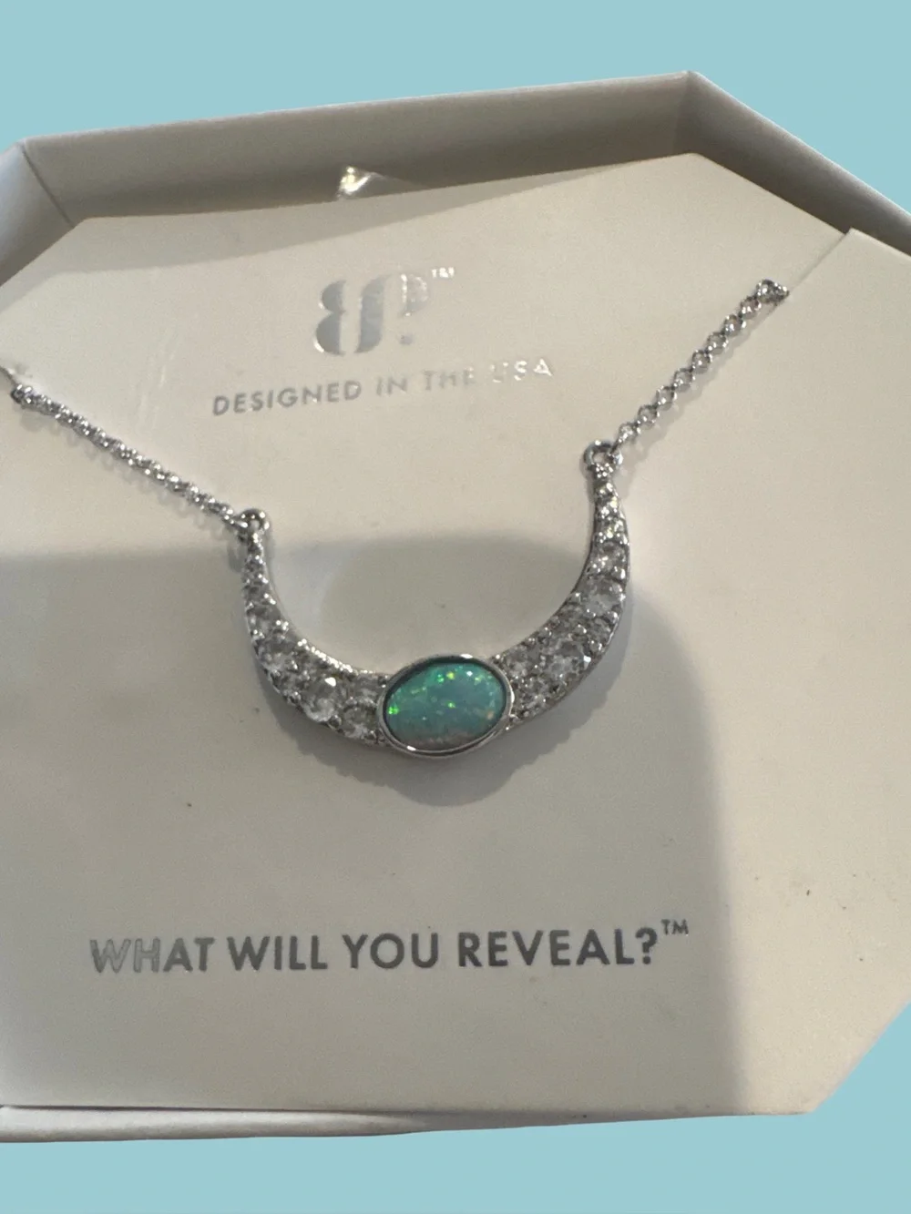 Rhodium plating Pendant Necklace - Silver with Green Blue Opal
